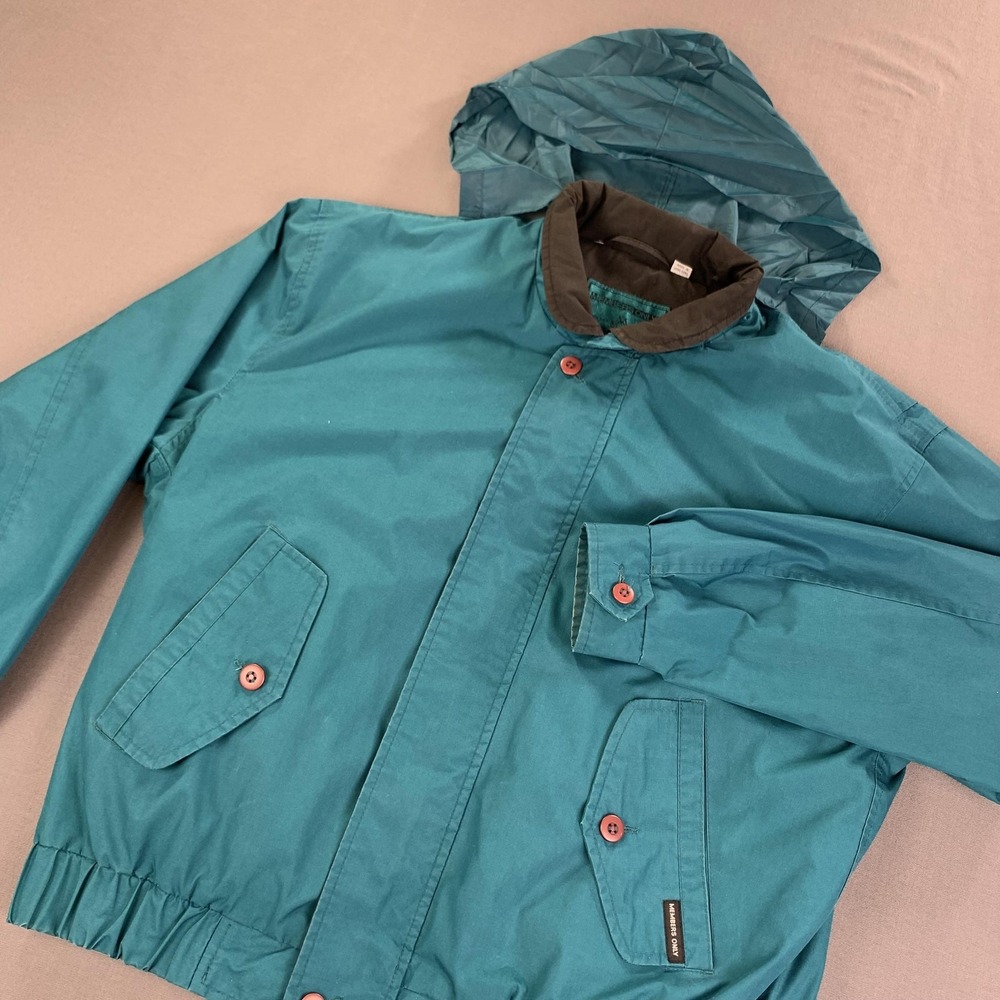 Vintage Members Only Jacket Mens Large Teal Bomber Hidden Packable Hood Coat 80s